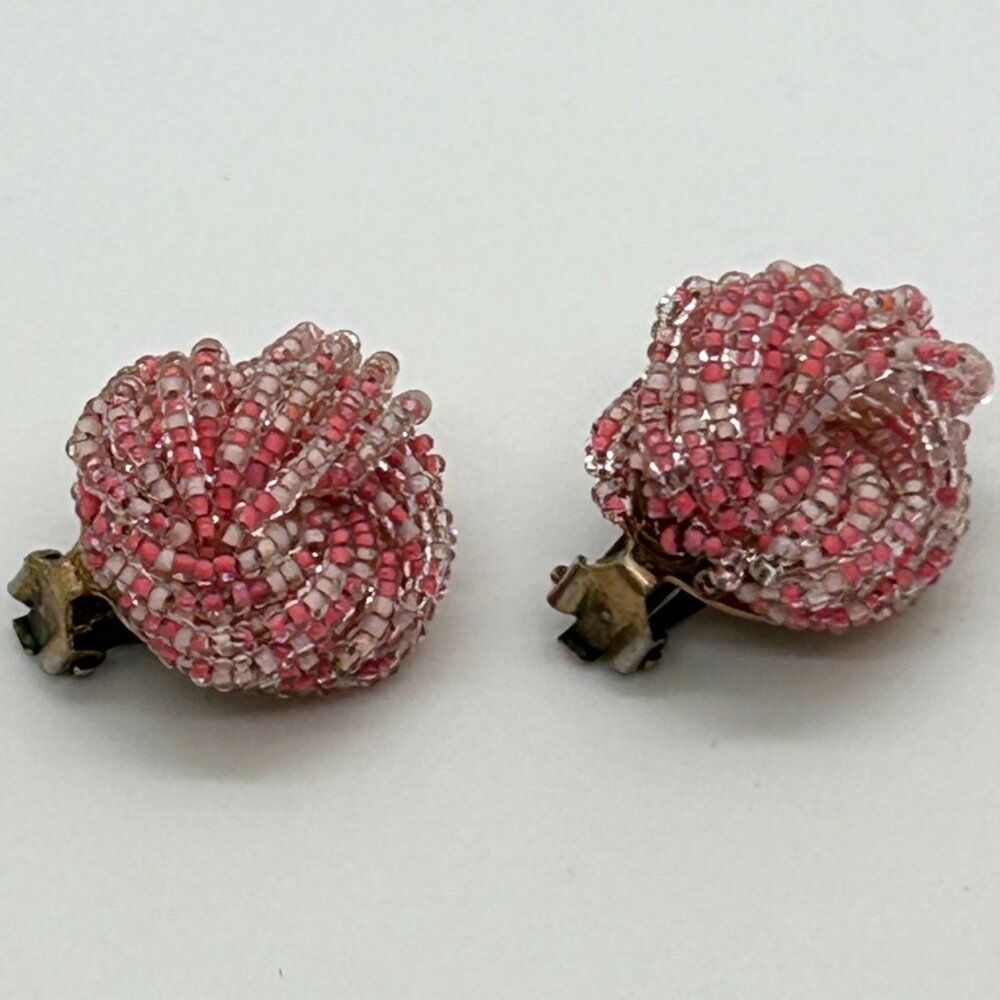 Vintage Pink Beaded Clip-On Earrings Seed Bead Knot Design Mid-Century 1960s